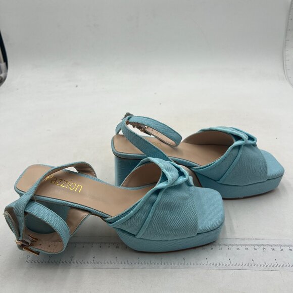 Pazzion Women Platform Square Toe Pleated Ruffle Sandals Chunky High Heels Blue - Picture 4 of 8